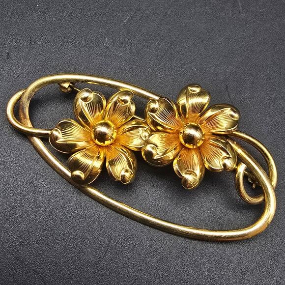 Forstner 12K Gold Filled Floral Brooch Oval Two Flowers Vintage Jewelry - Picture 1 of 7